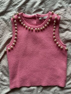 Endless Rose Pink Pearl Embellished Sleeveless Knit Top Sweater Chic Feminine S